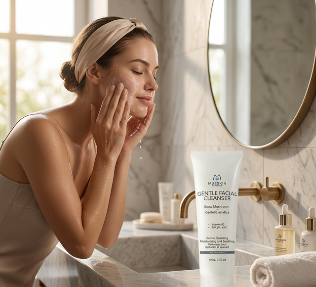 Model applying Muéskin Cleanser