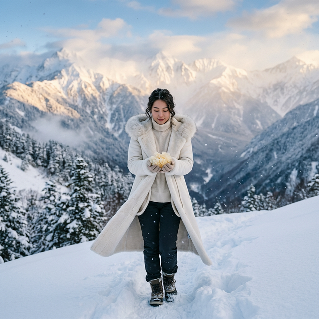 Model harvesting Snow Mushroom in alpine mountains